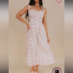 White Floral Lace-Trim Sundress with Pink & Green Accents